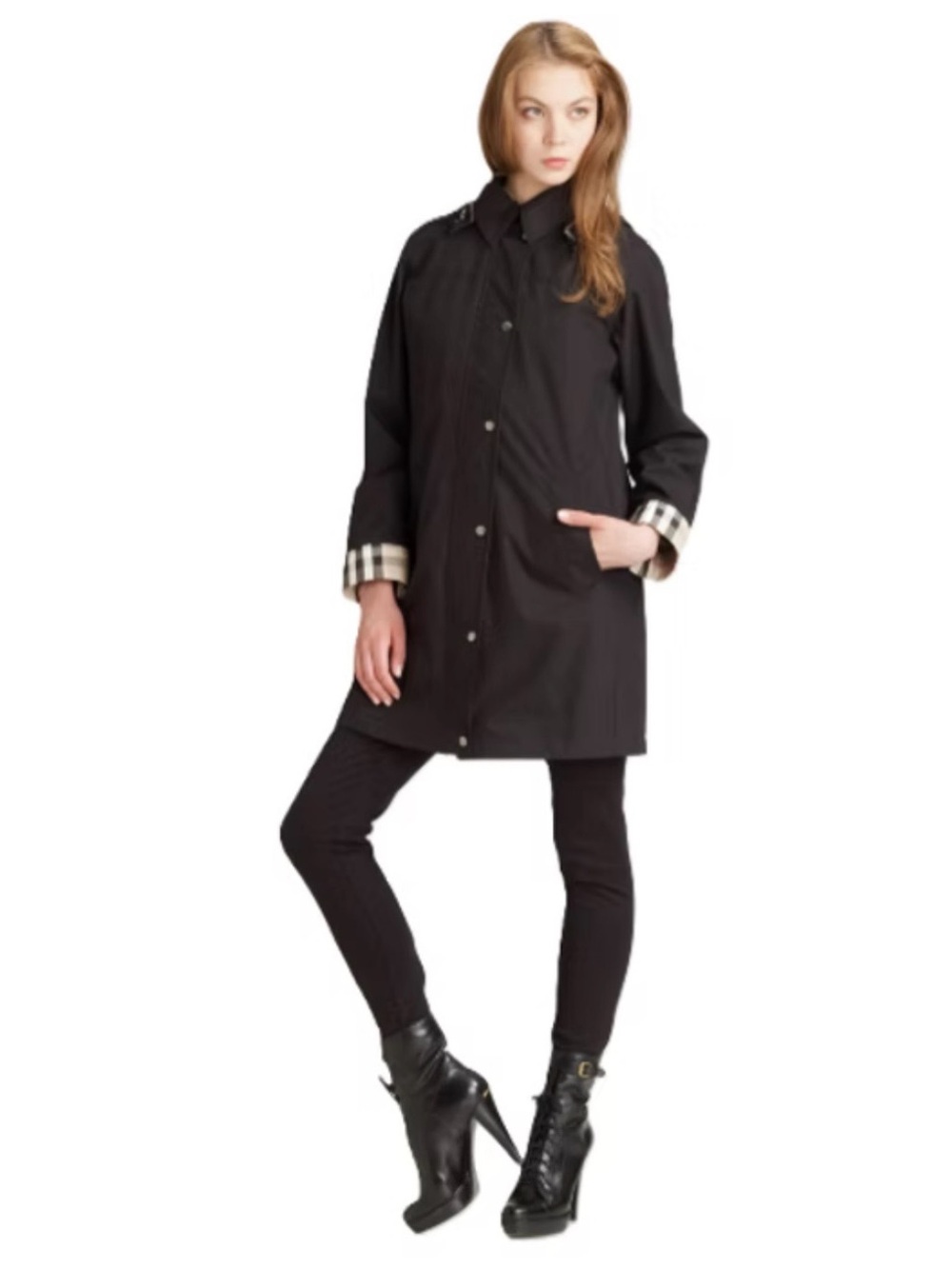Burberry Black Hooded Trench Coat with Plaid Cuff and Hood Detail - Picture 2 of 10